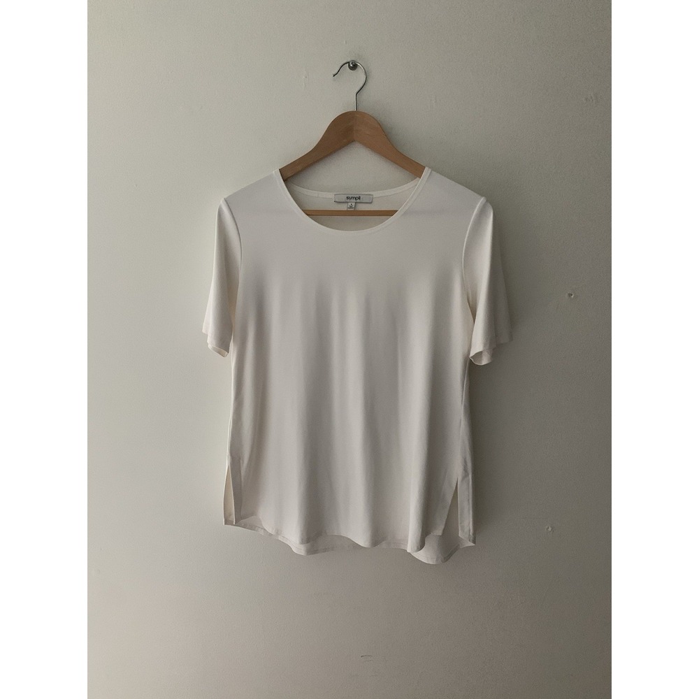 Sympli White Tee Sz 8 Short Sleeve Side Vents Crew Neck Stretch Staple Elevated